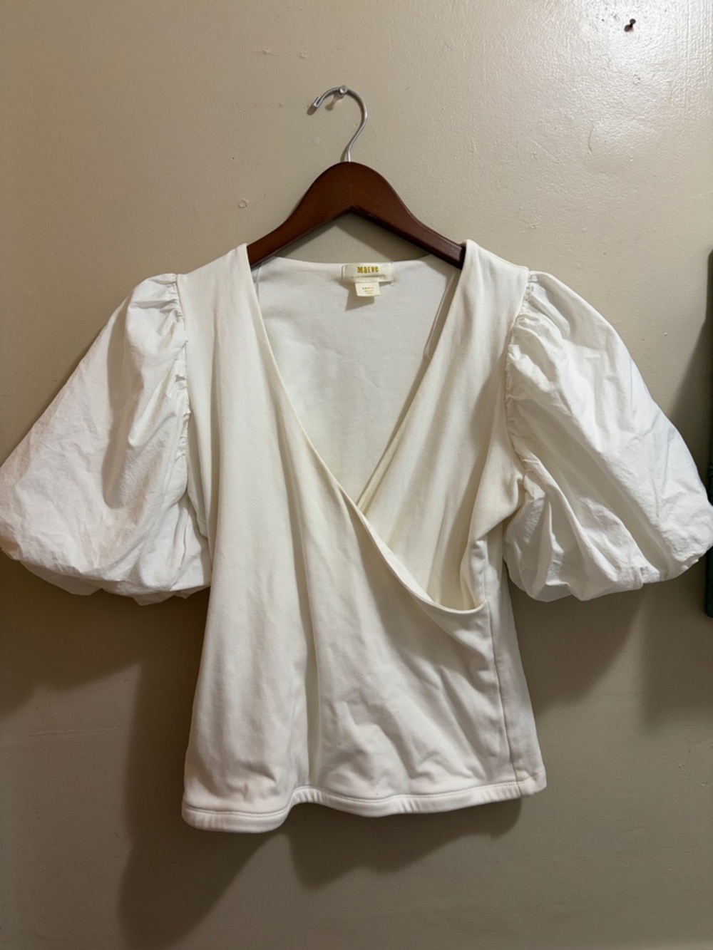 Anthropologie Ivory Wrap V-Neck Puff-Sleeve Blouse